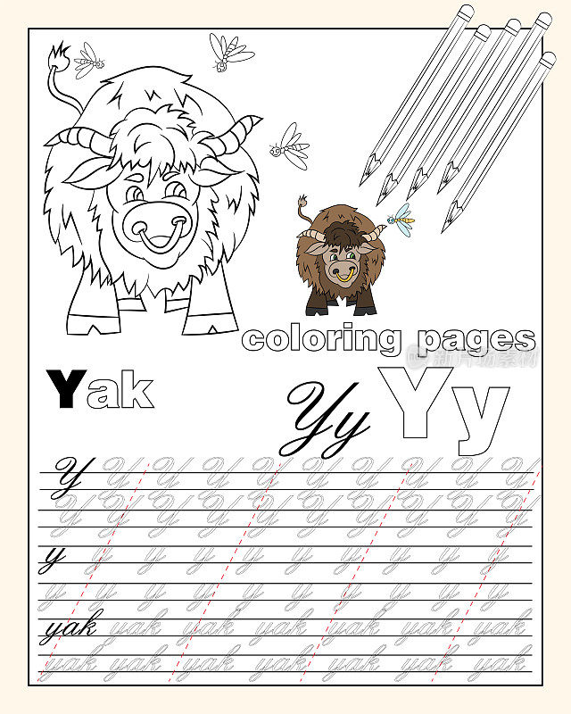 illustration_25_coloring pages of the English alphabet with animal drawings with a string for writing English letters